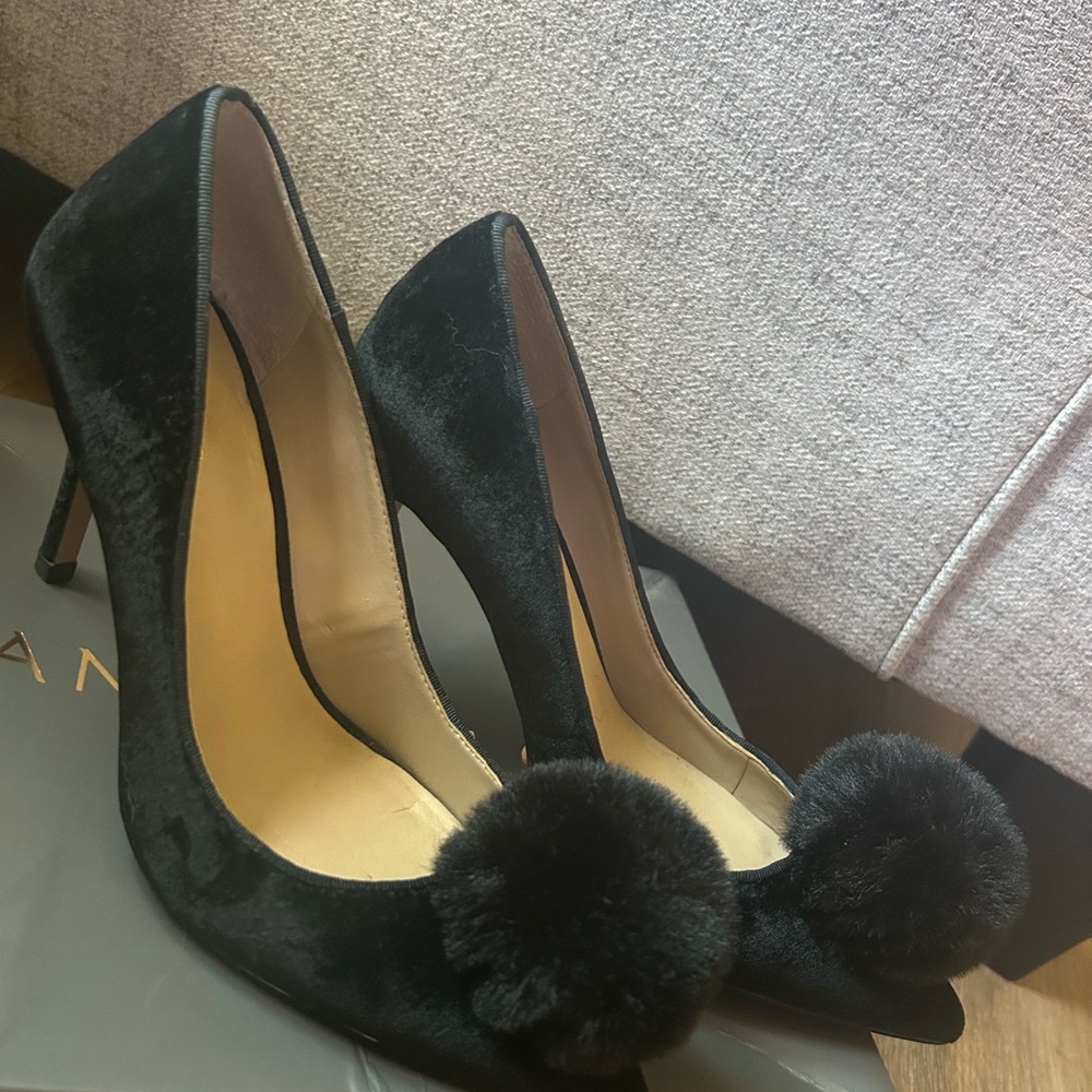 Chic Black Velvet Heels with Pom Poms
